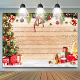 Lofaris Snowy Wooden Board Christmas Bell And Gifts Backdrop